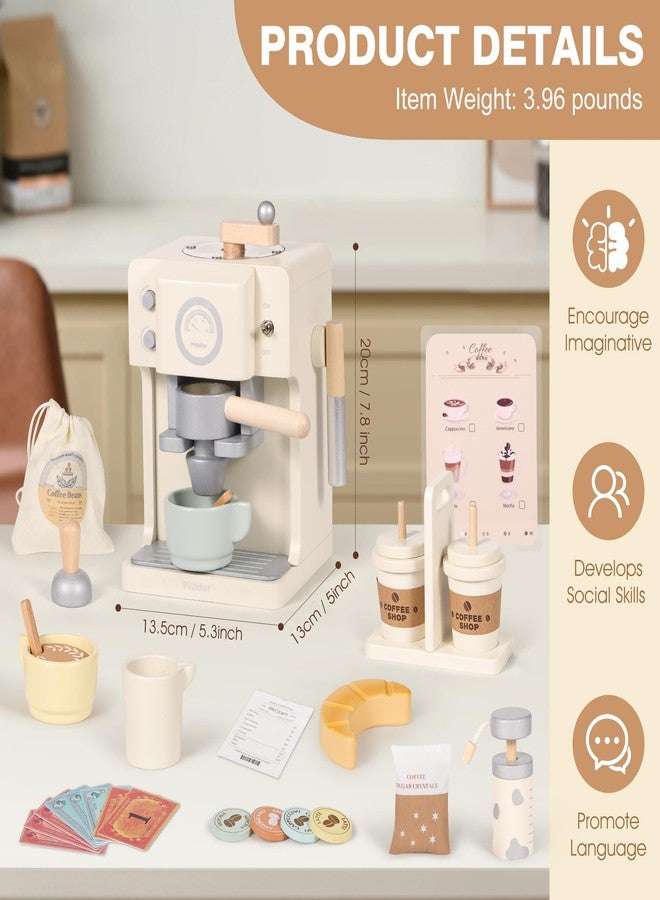 Pithfor Kids Wooden Coffee Playset with Grinder, Toy Coffee Maker for Kids Toddlers, Pretend Play Kitchen Appliances & Accessories Toy Gift for Boys Girls - Image 3